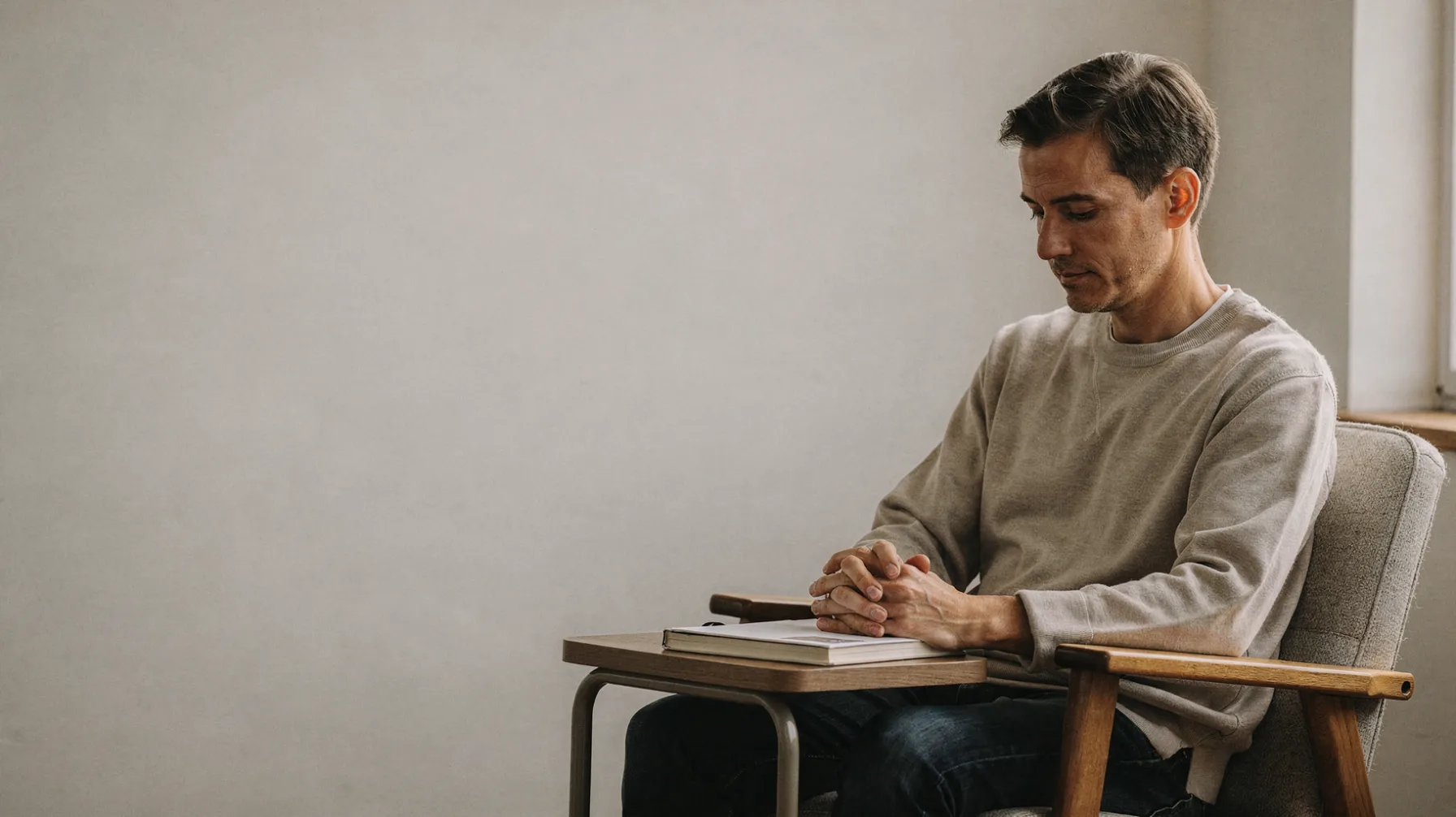 A man sits in an armchair and writes in a notebook.