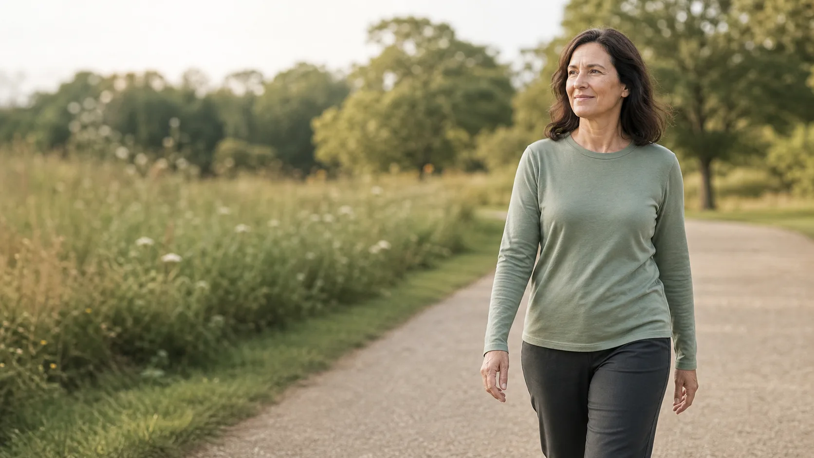 A woman walks along a path beside a grassy meadow.