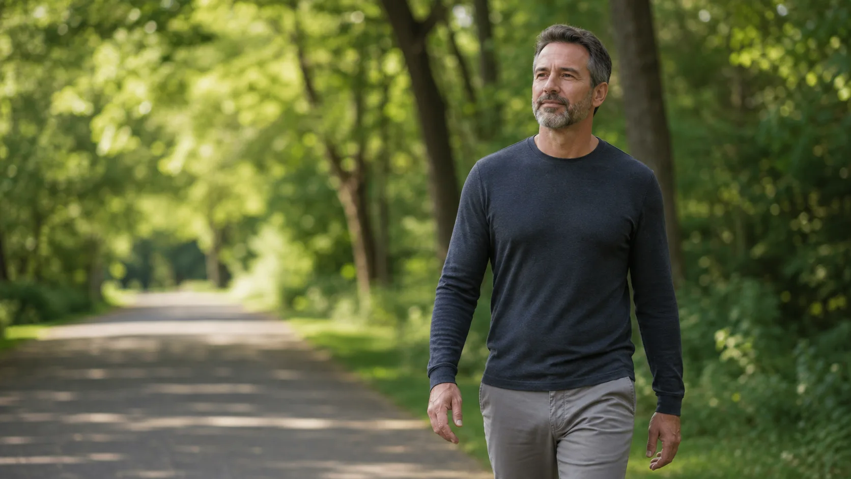 A man walks along a tree-lined park path.